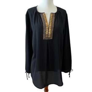 RUNGOLEE BLOUSE TUNIC TOP POPOVER BALLOON SLEEVES MIXED METALS FLOWY SEMI SHEER